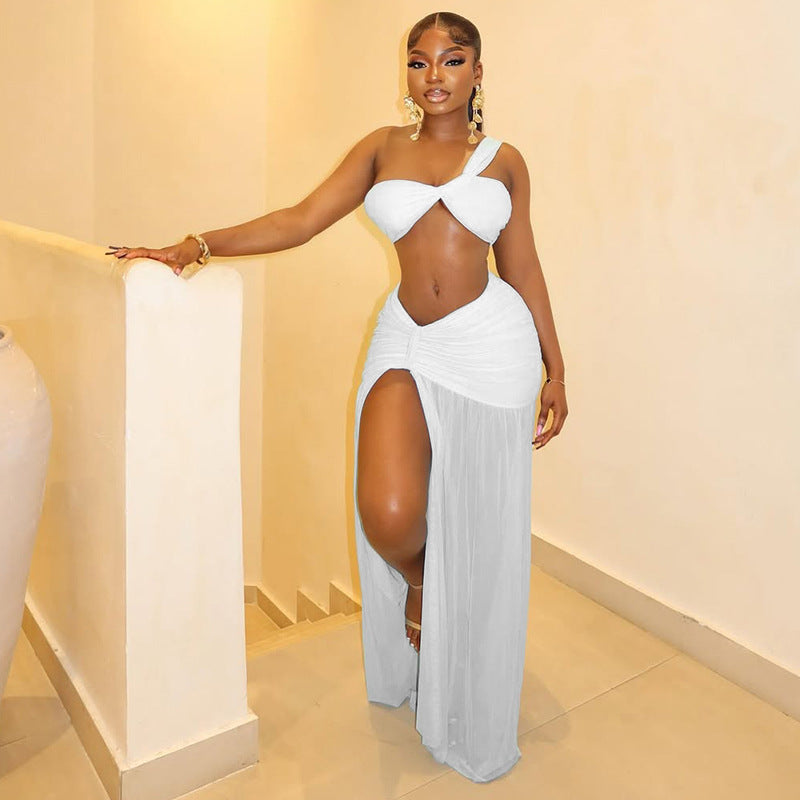 Women's Split Hem Bodycon Tube Top And One-Shoulder Two-Piece Set