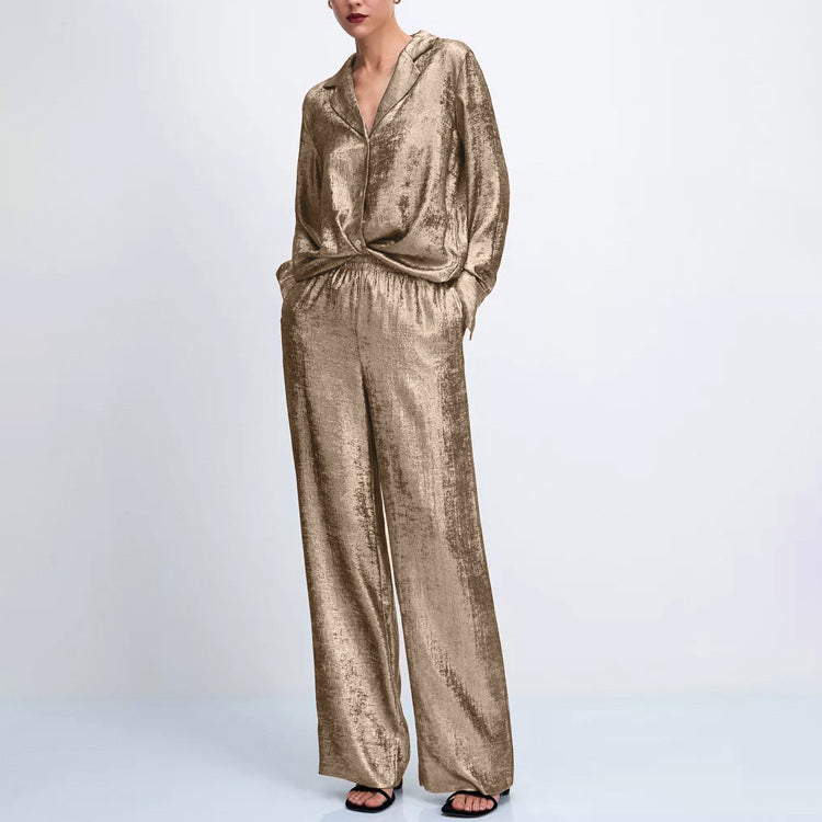 Collared Long-sleeved Shirt And High-waisted Wide-leg Pants Two-piece Set