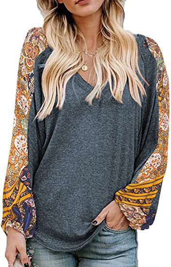 Women's New Loose V-neck Balloon Splicing T-shirt Women