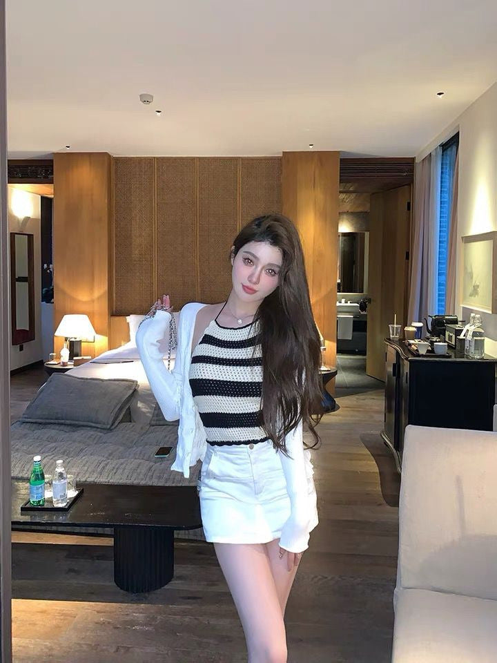 Retro Hot Girl Knitted Camisole Striped Hollow Out