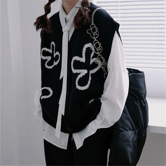 V-neck Cardigan Black Sleeveless Vest Korean Style