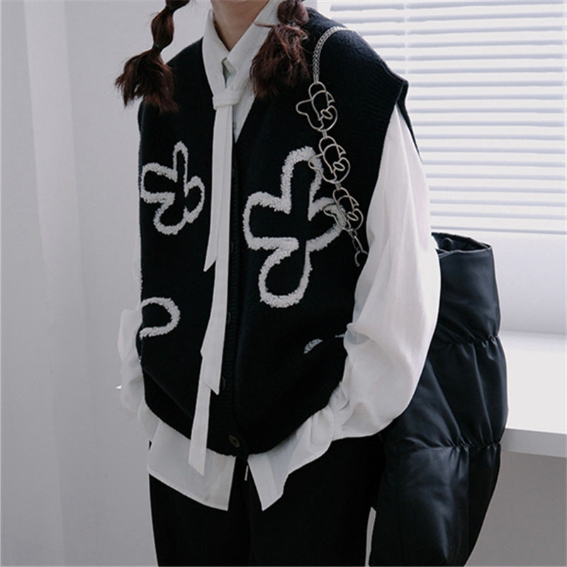 V-neck Cardigan Black Sleeveless Vest Korean Style
