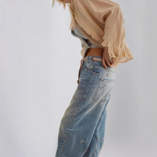 Womens Patchwork Loose Straight Denim Jeans With Drawstring Waist And Lace-Up Details