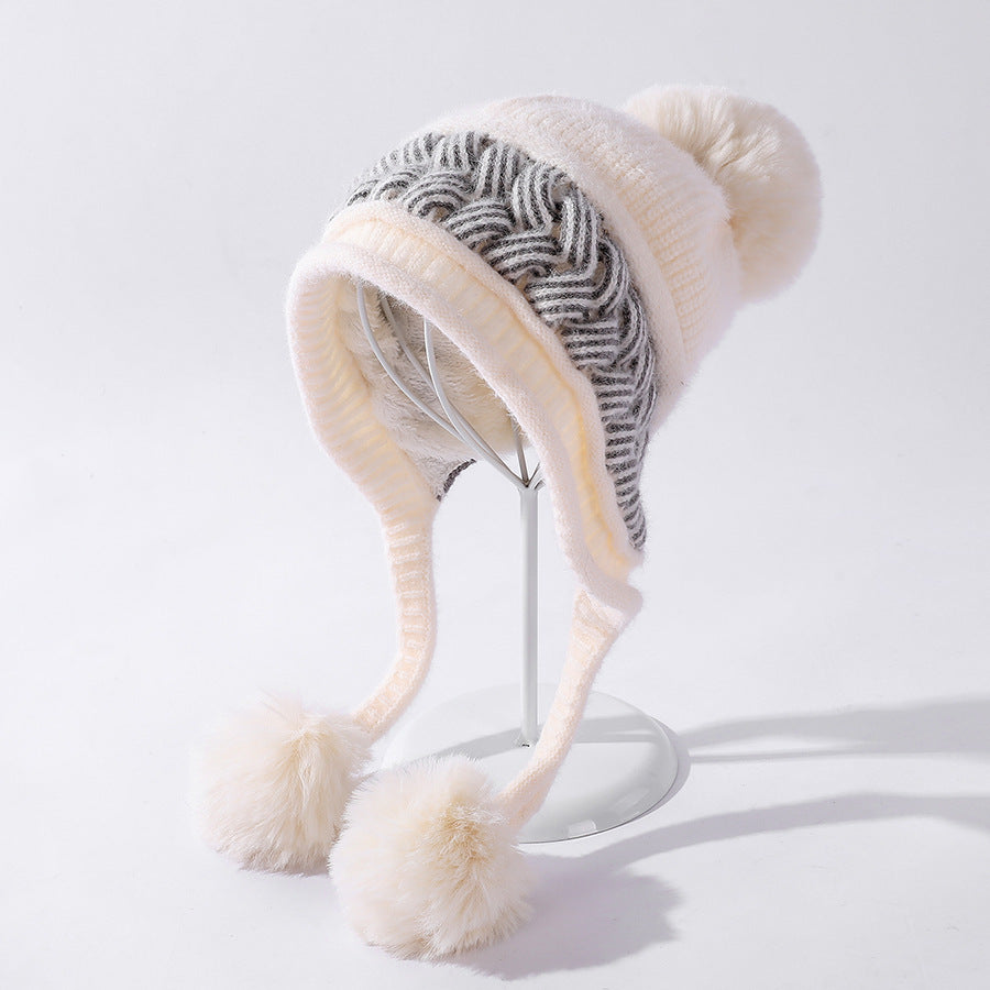 Color-blocking Twist Three-hair Ball Ear Protection Wool Hat