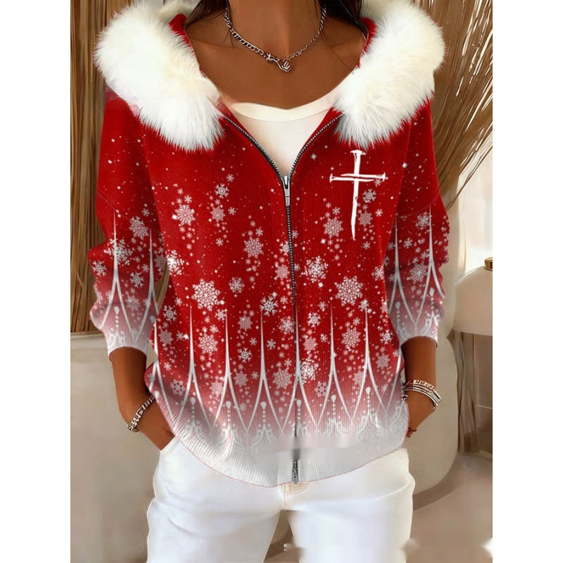 Stilfuld 3D Digital-Print Cardigan Til Damer Med Faux Fur Hætte