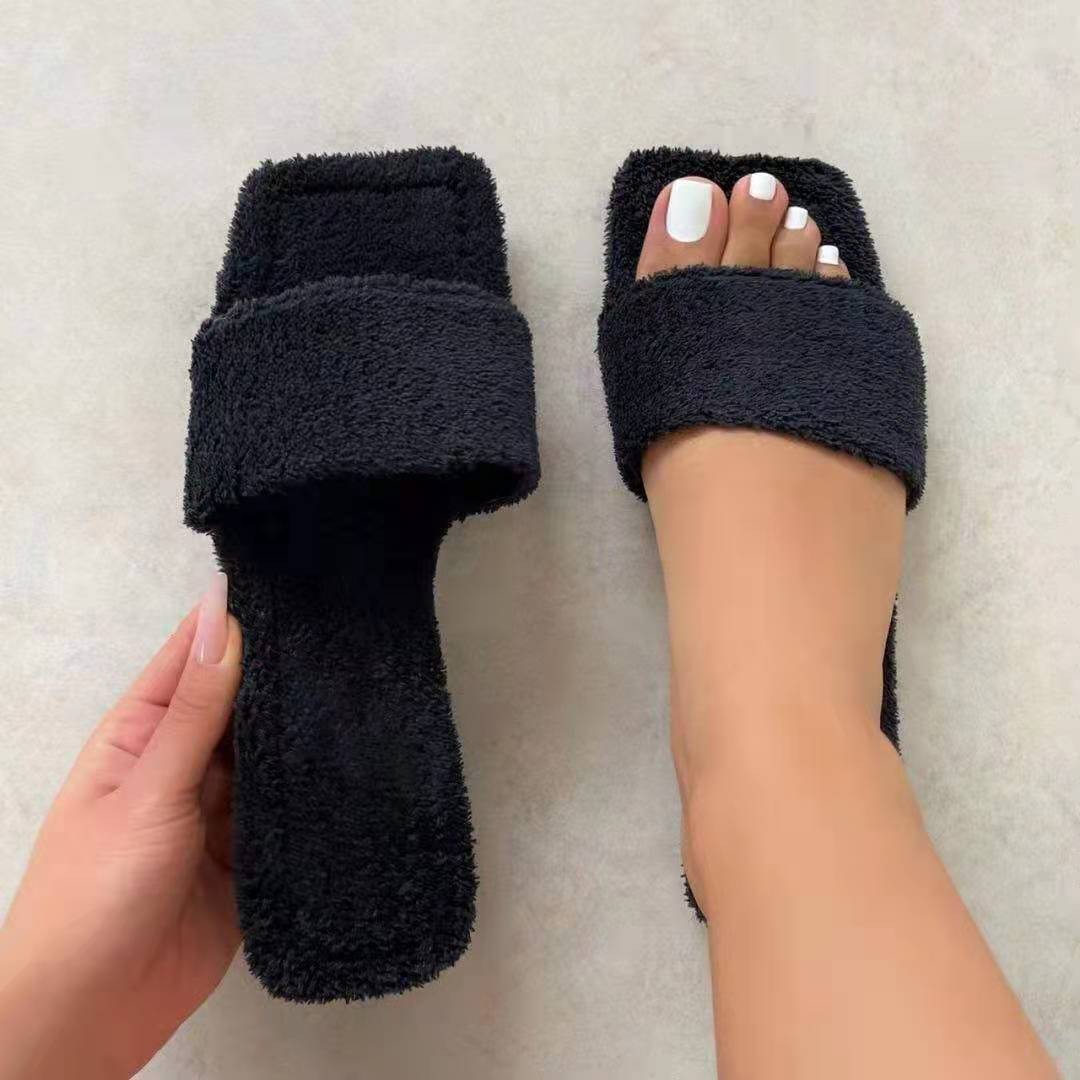 Flat-bottomed Casual Square-toed Suede Spot One-line Slippers