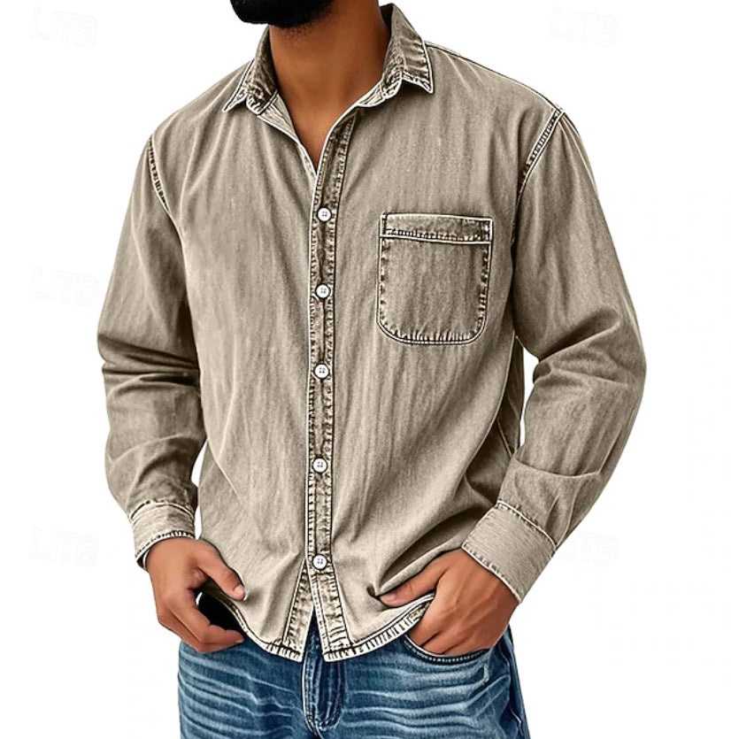 Mens Denim Long-sleeve Shirt Washed Long-sleeve Top