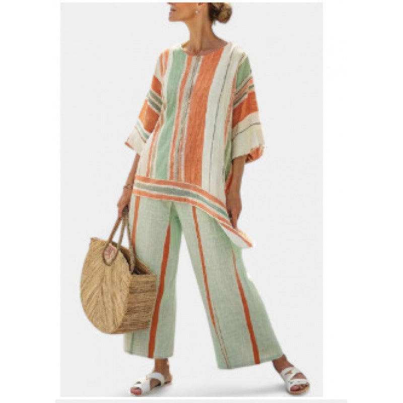 Fashionable Loose Crew-Neck Printed Short-Sleeve Shirt And Pants Set