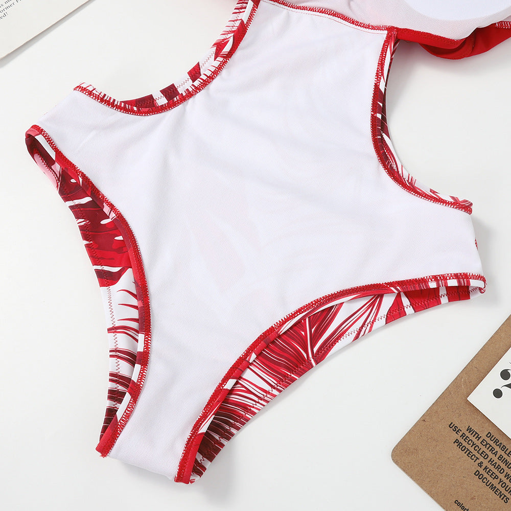 One-piece Leaf-shaped Flowers Color Matching Women's Swimsuit Lace-up Sexy Triangle Bikini