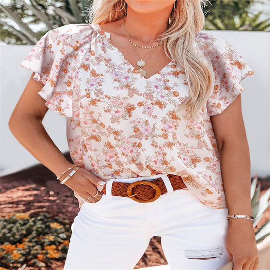 European And American Women's Top Women's V-neck Printed Short-sleeved Loose Casual Pullover Shirt