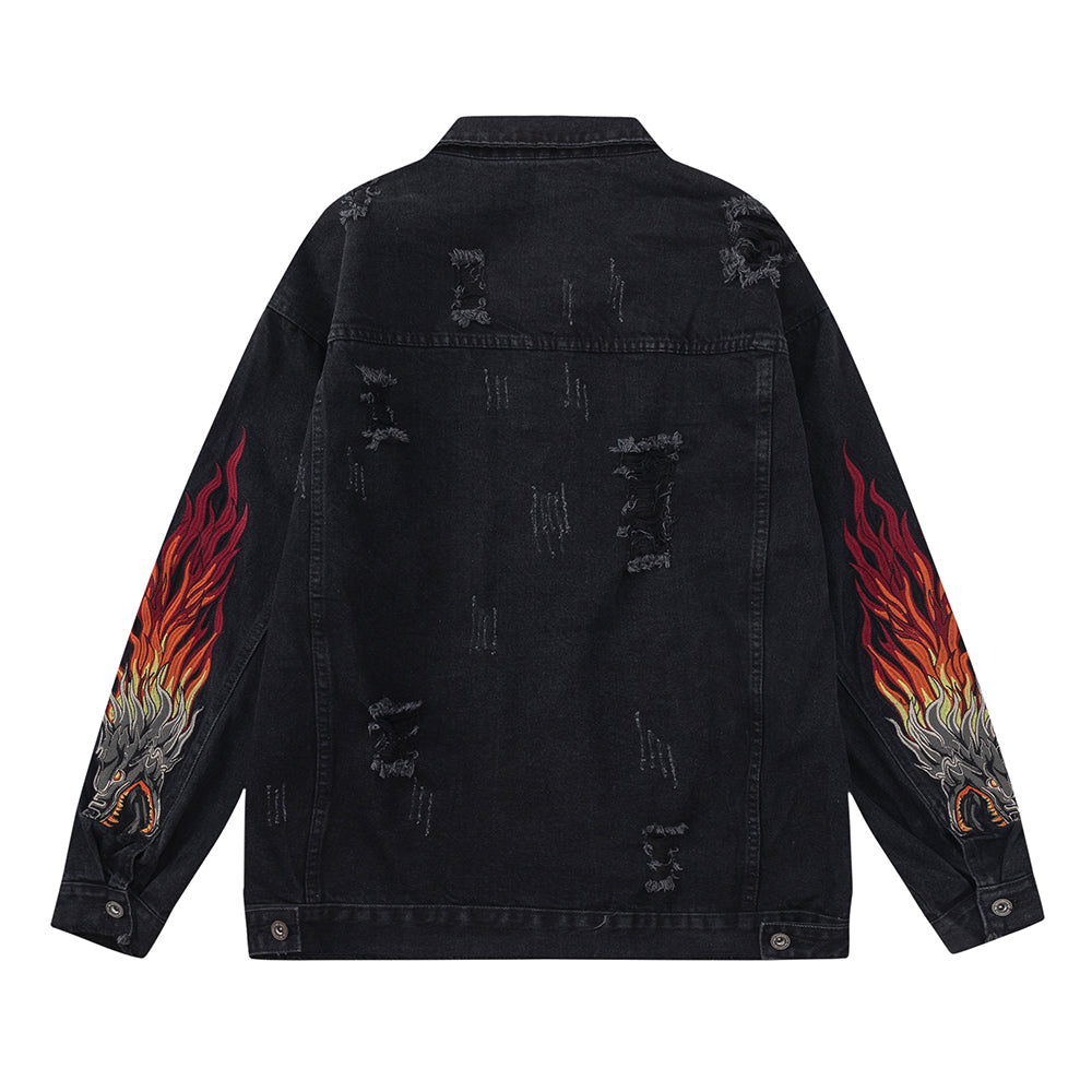 Faucet Zodiac Needle Embroidery Denim Jacket Men's High Street National Fashion Design Sense Ripped Jacket