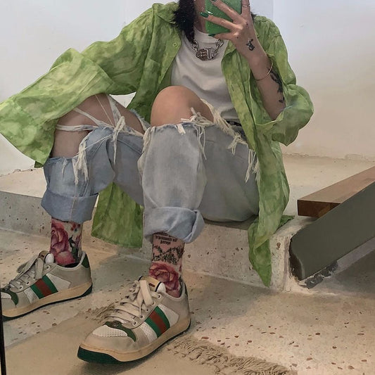 Dame Ripped Wide Leg Jeans Straight High Waist