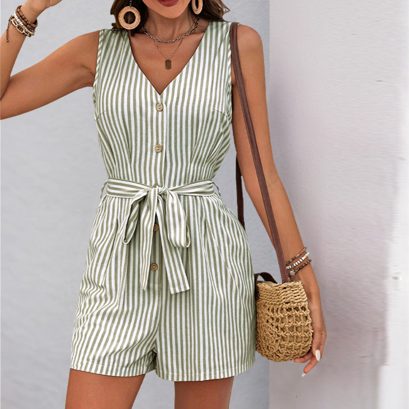 Fashion Jumpsuit V-hals Ærmeløs Stribet