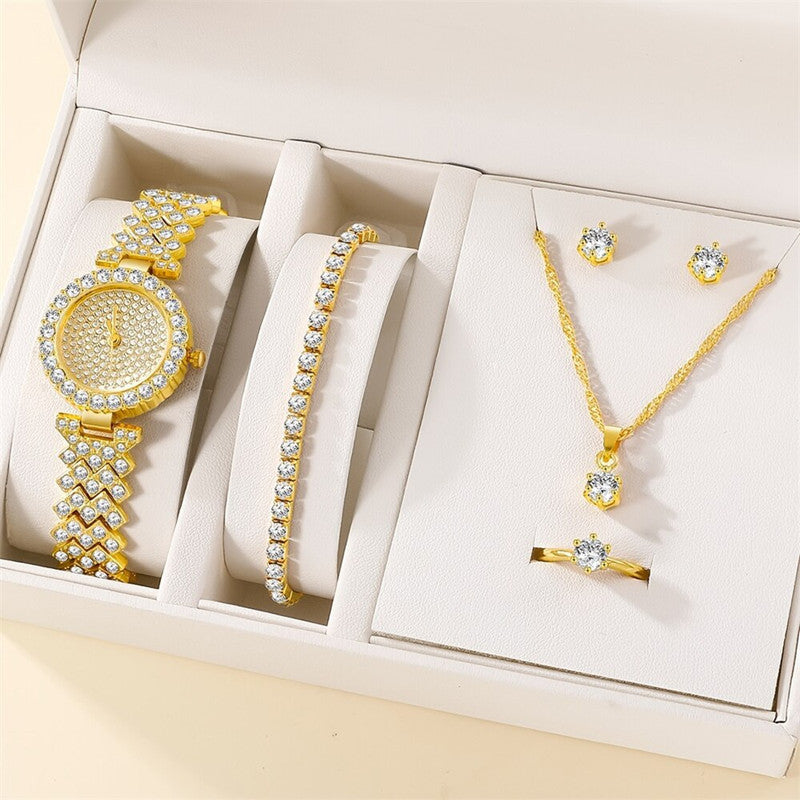 Diamond Bracelet Necklace Stud Ring Watch Jewelry Set 5pcsset