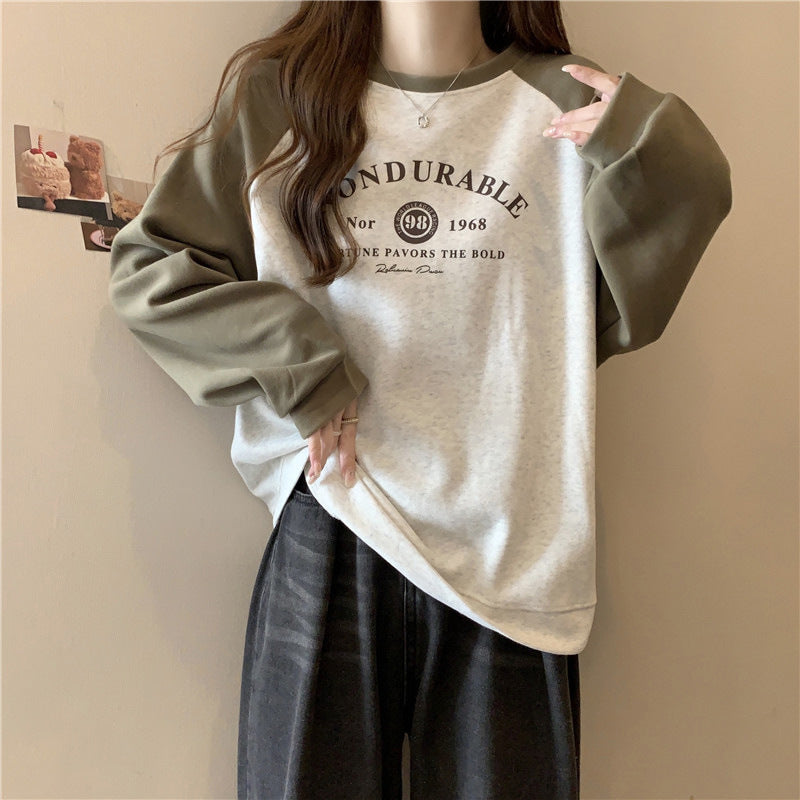 Contrast Color Raglan Long Sleeve Hooded Printed Women