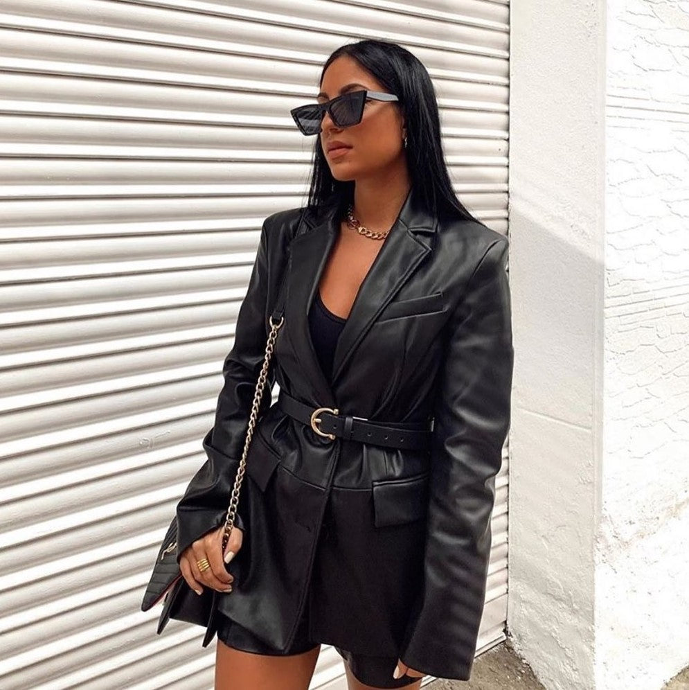 Solid Color Suit Collar Fake Pocket Fashion Casual Women's Leather Jacket