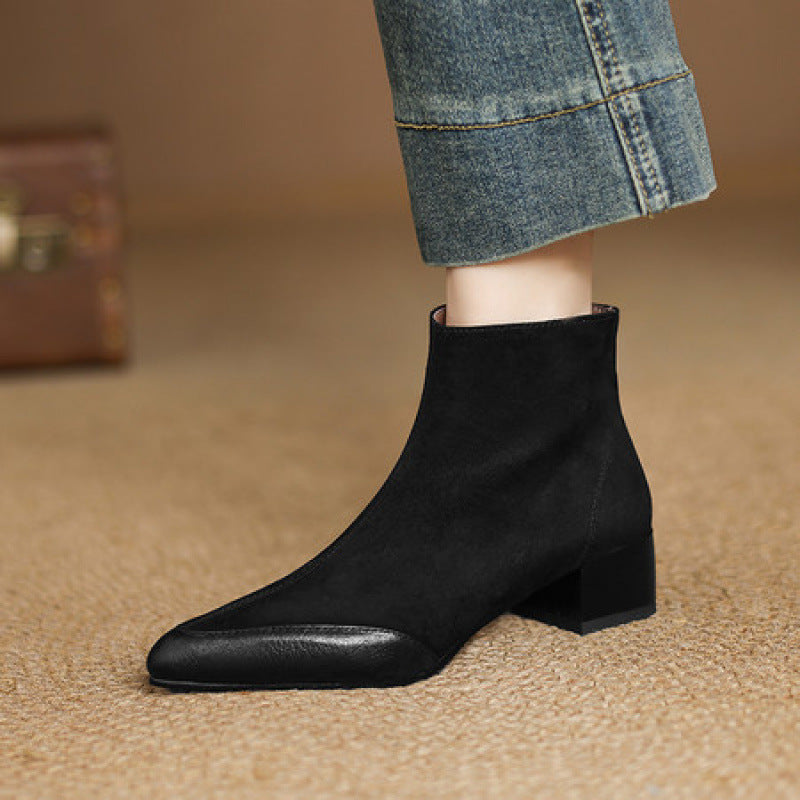 Microsoft Sheepskin New Women's Martin Boots Large Size Pointed Suede Leather Chunky Heel