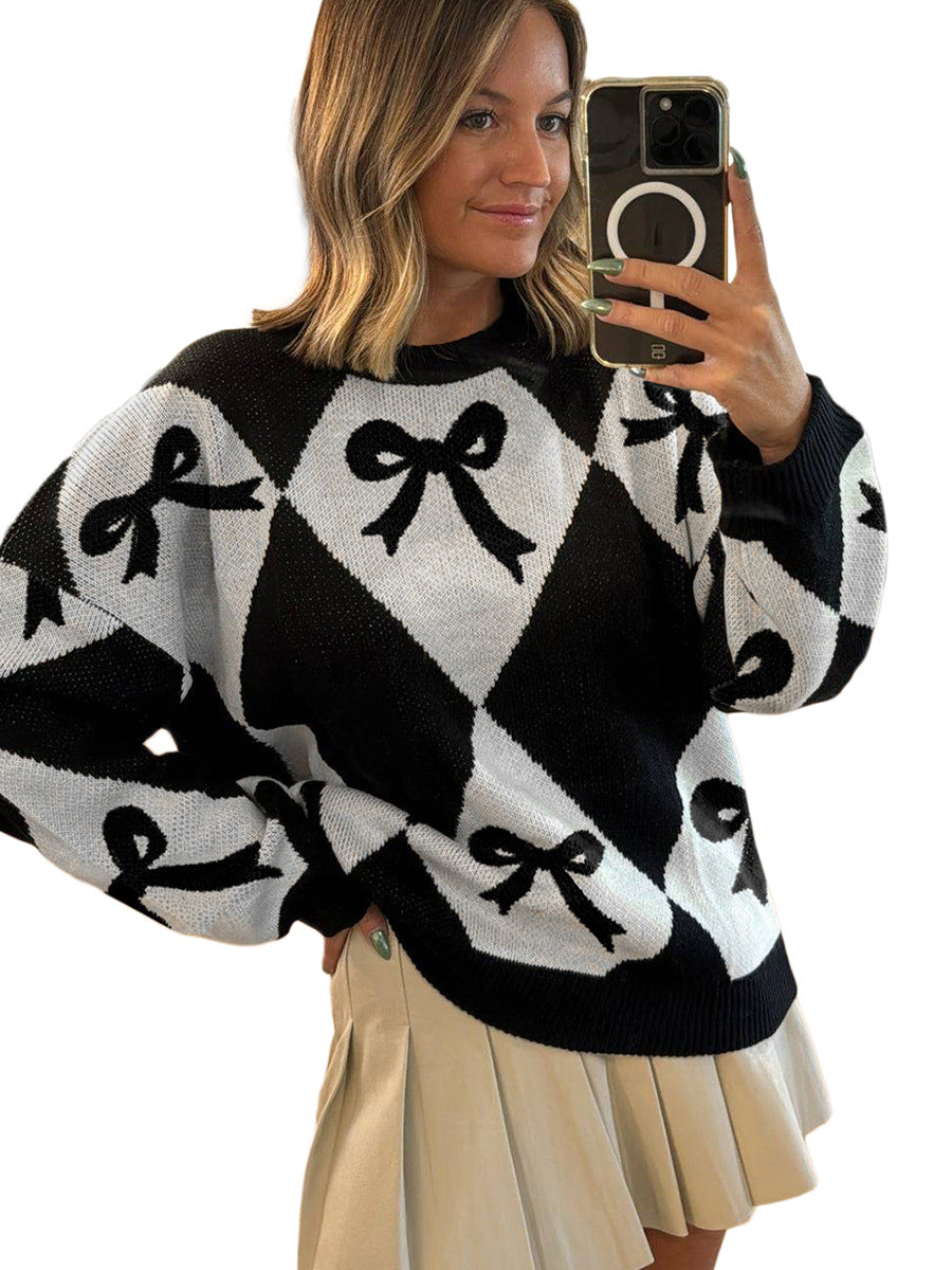Womens Trendy Pullover Sweater With A Bow-knot Print And Long Knitted Sleeves