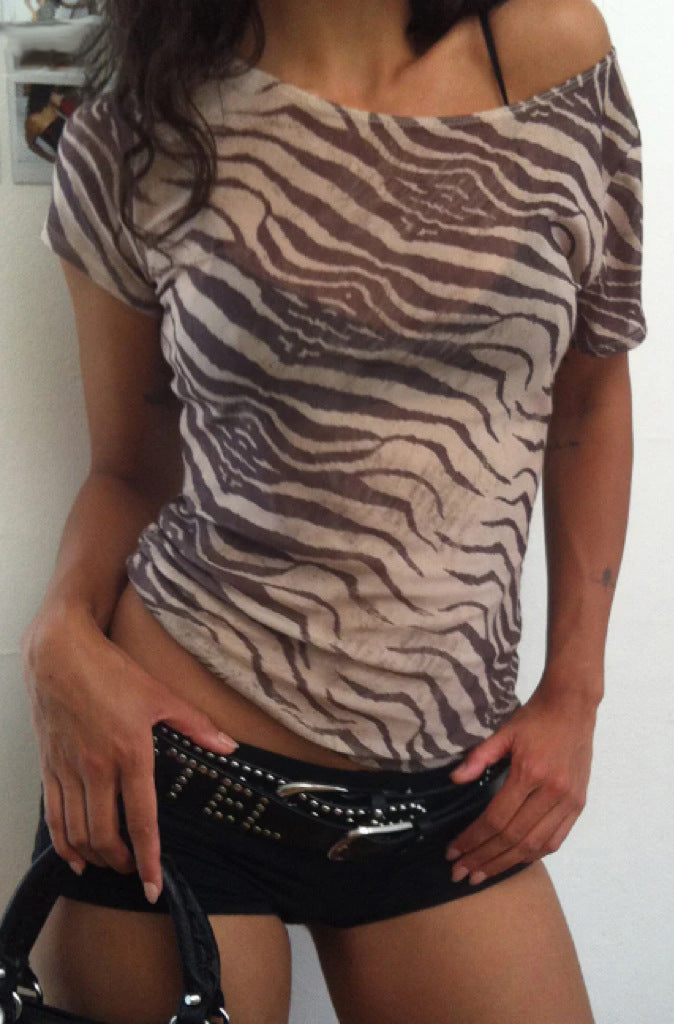 Mesh Sheer Off-shoulder Top With A Boat Neckline For Women