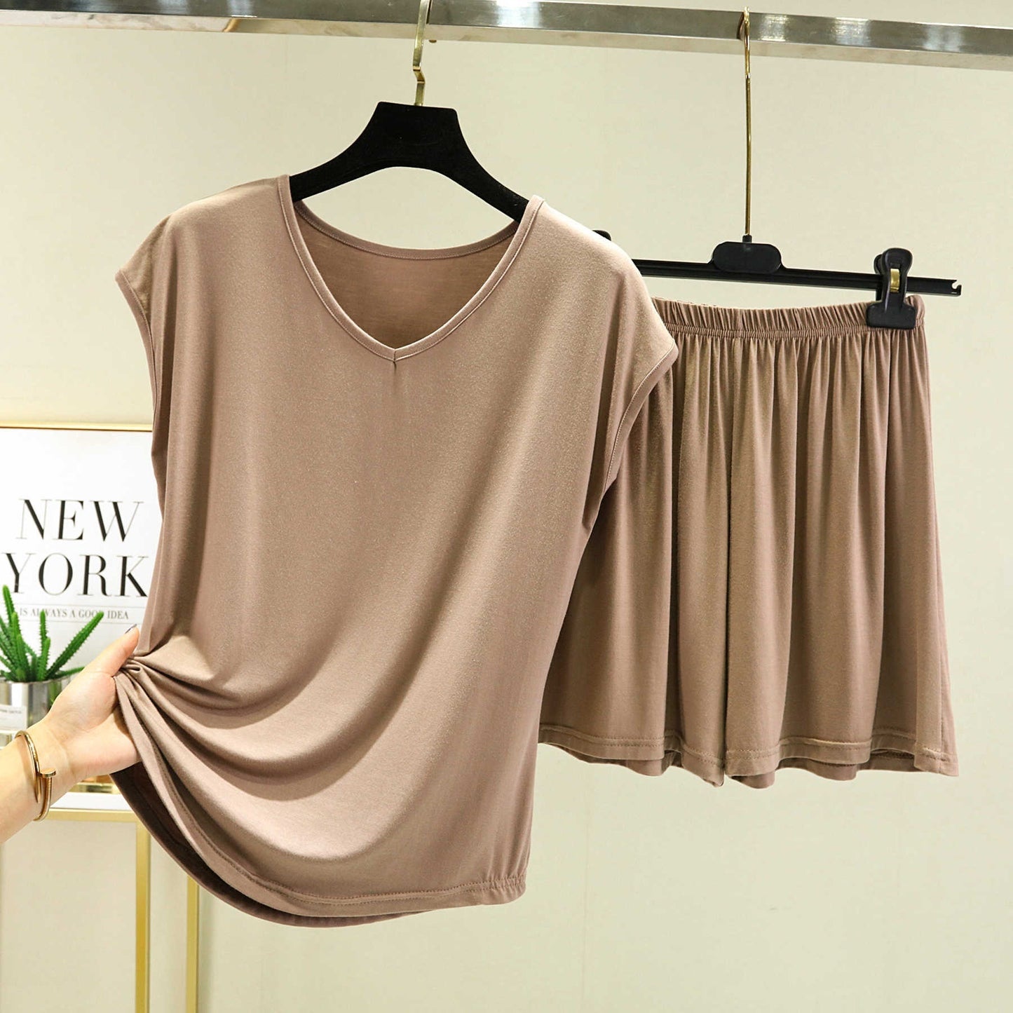 Summer Inner-layer V-neck Sleeveless T-shirt And Loose-fitting Pajama Pants Two-piece Set