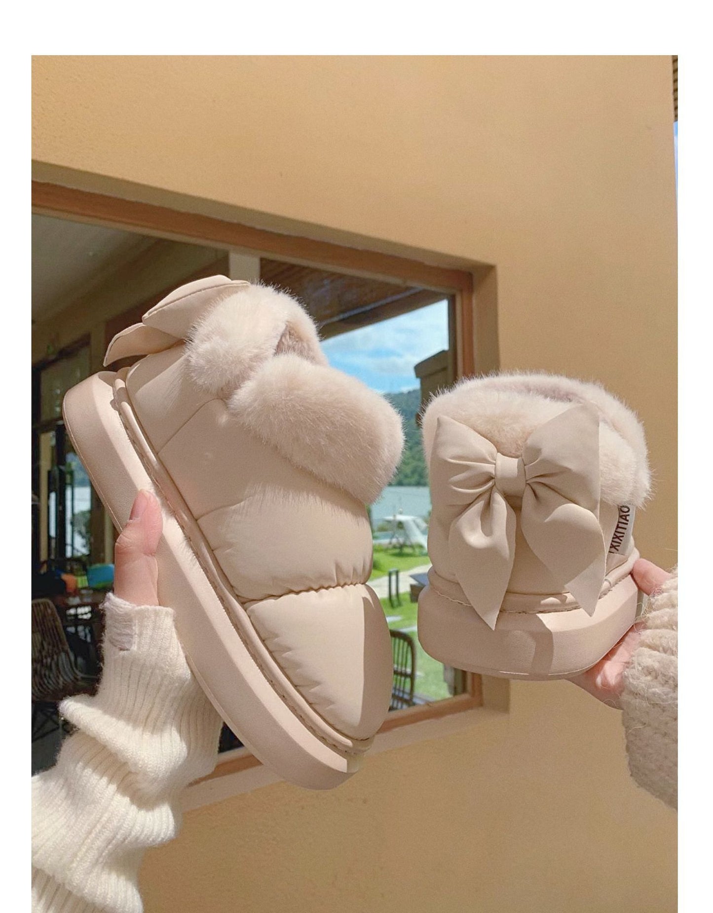 Winter Cute Bow Warm With Velvet Men And Women Creativity New Waterproof Bootie
