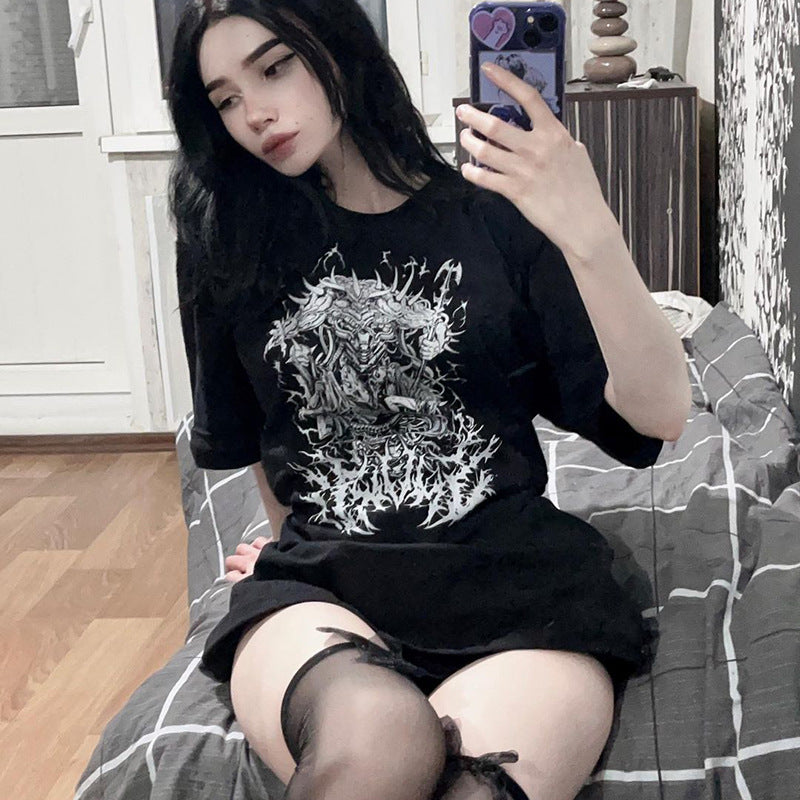 Female Summer Niche Design Abstract Printed Round Neck Top Shirt
