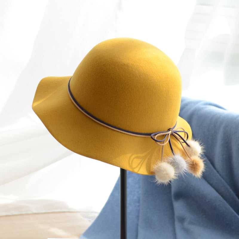 Woolen Warm Fisherman Hat Korean All-matching Basin Hat Lady Felt Cap Mink Fur Ball Billycock
