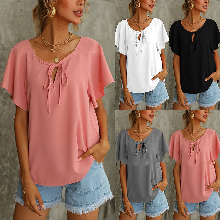 Women's Short Sleeve Fashion Solid Color V-Neck Shirt Top Women
