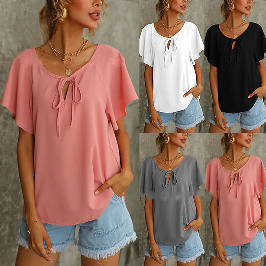 Women's Short Sleeve Fashion Solid Color V-Neck Shirt Top Women