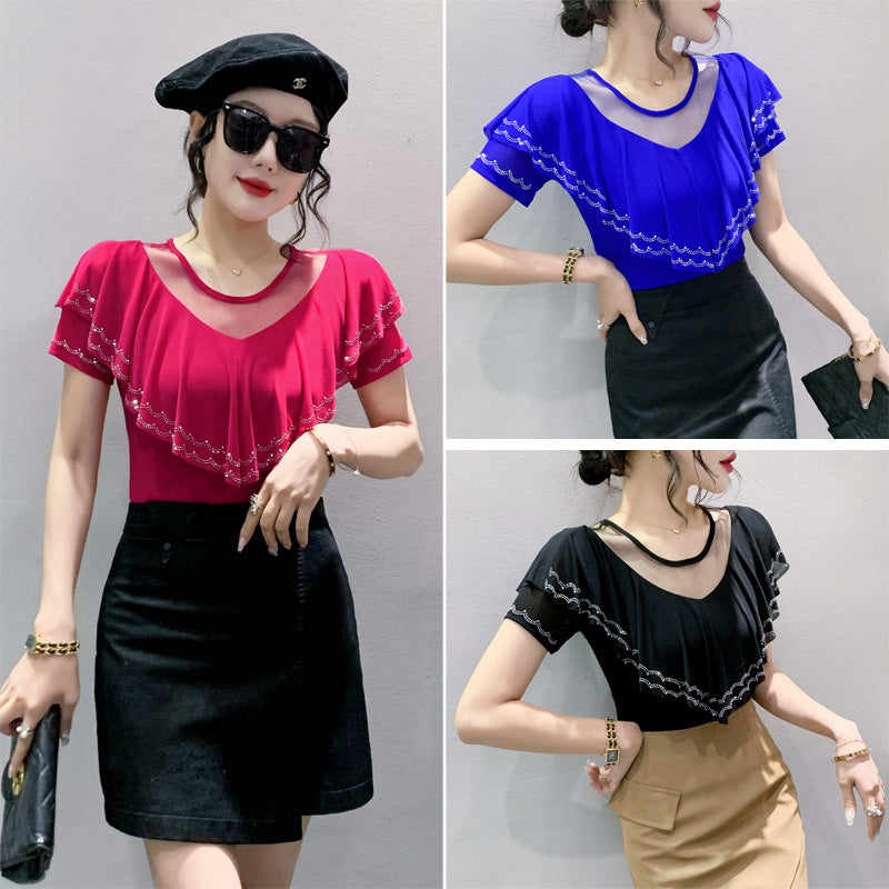 Heavy Embroidery Hot Drilling Fashion V-neck Flounce Diamond Short Sleeve Women