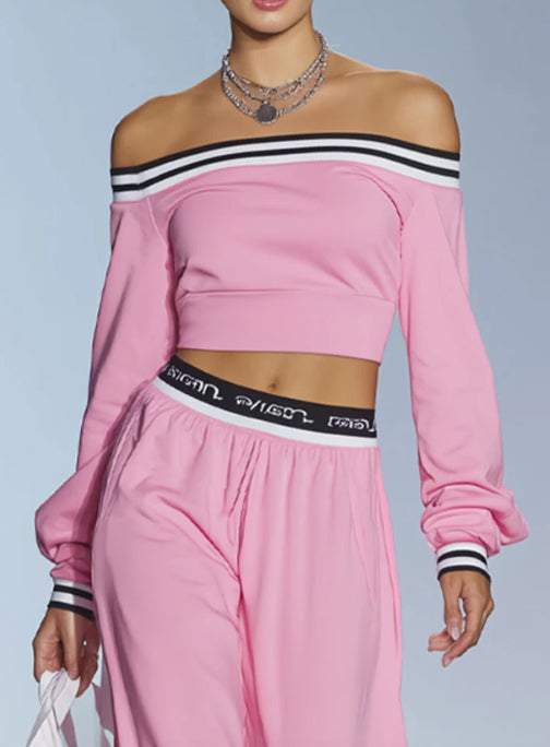 Sporty Style Boat Neck Long Sleeved Top And Wide Leg Pants Set
