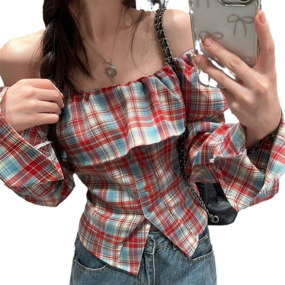 Ruffled Plaid Shirt Off-neck Off-the-shoulder Flared Sleeves