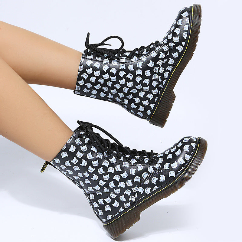 Women's Thick Bottom Square Toe Laces Casual Boots