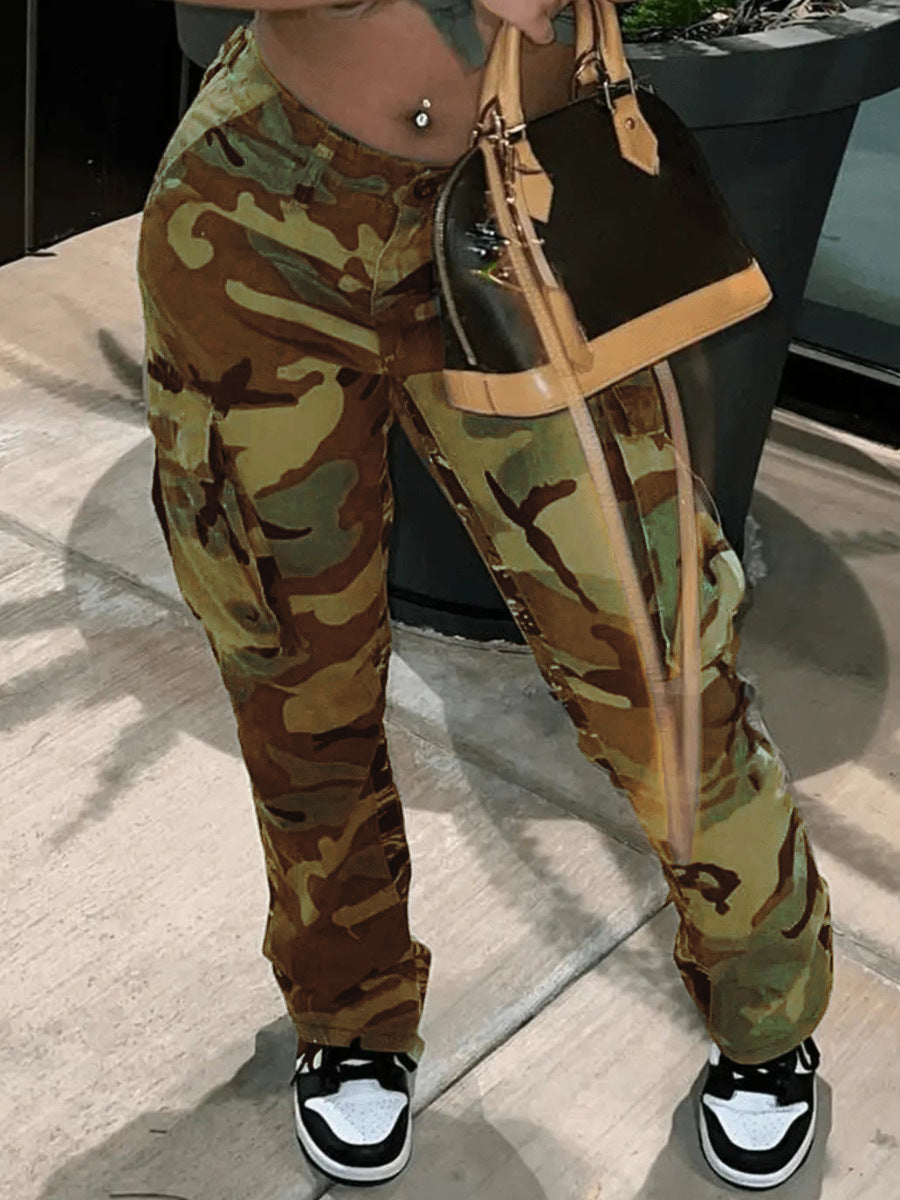 Ins Style High Waist Straight Multicolor Camouflage Overalls