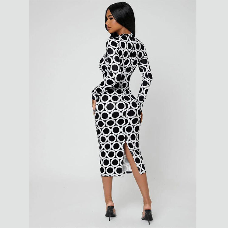 Stylish Printed Stretchy Slim-Fit Crew-Neck Long-Sleeve Split Dress