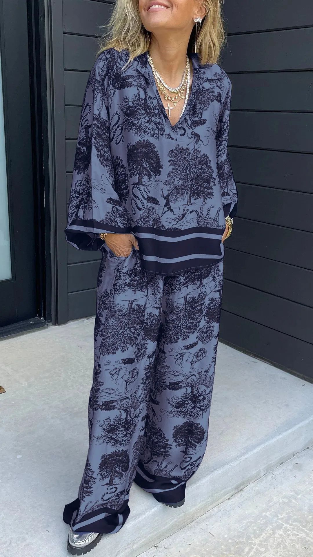 Expert V-neck Printed Long Sleeve Pocket Casual Women's Suit