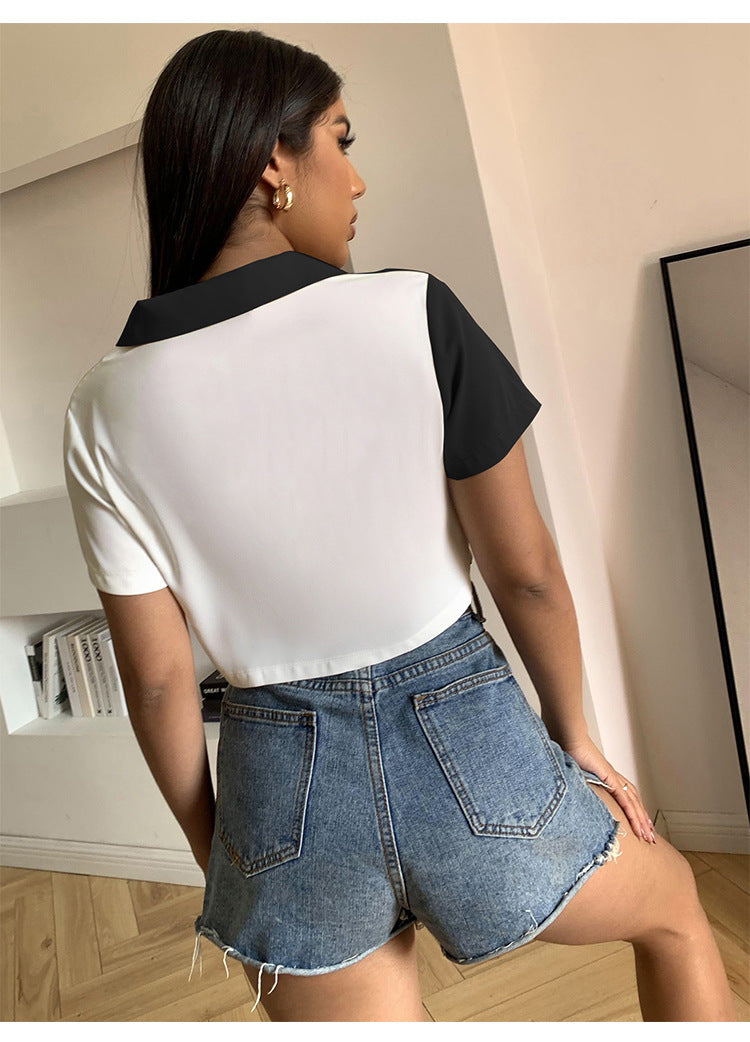 Contrast Paneled Crop Top Pocket Single Breasted Short Sleeve Shirt