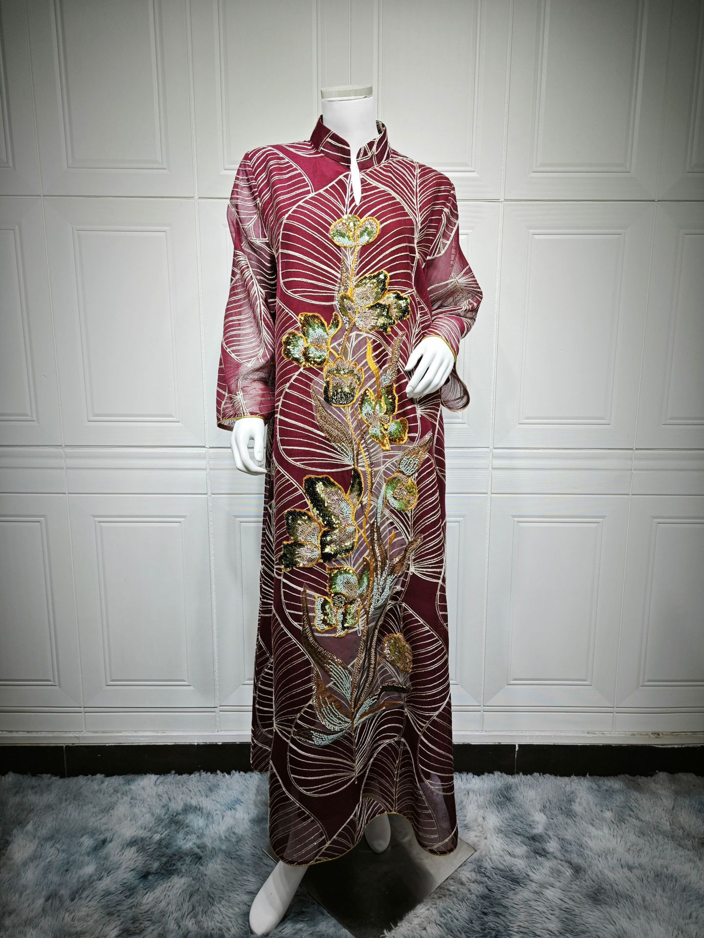 Womens Fashion Mesh Embroidered Long-Sleeve Dress