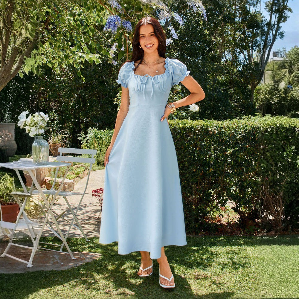 Women's Square-Neck Lace-Up Waist-Cinched Solid-Colored Dress
