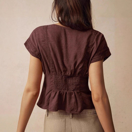 Retro Artistic Slim Fit Womens Short Sleeve Top