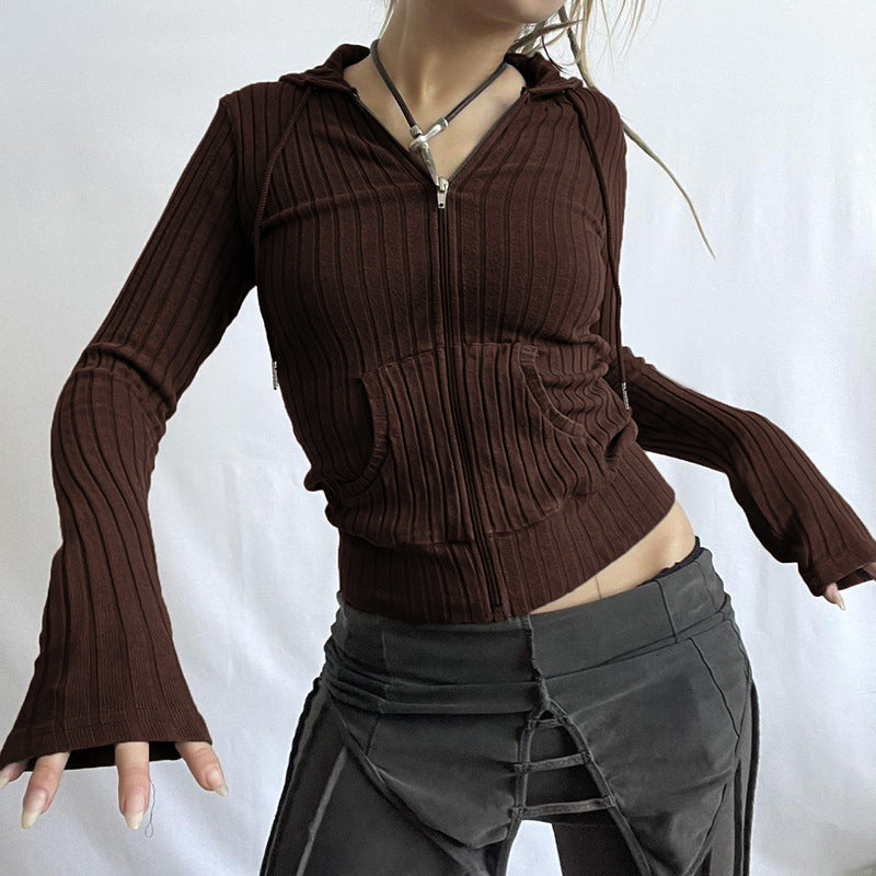 Slim Fit Sunken Stripe Knitted Hooded Zipper Pocket Coat Women