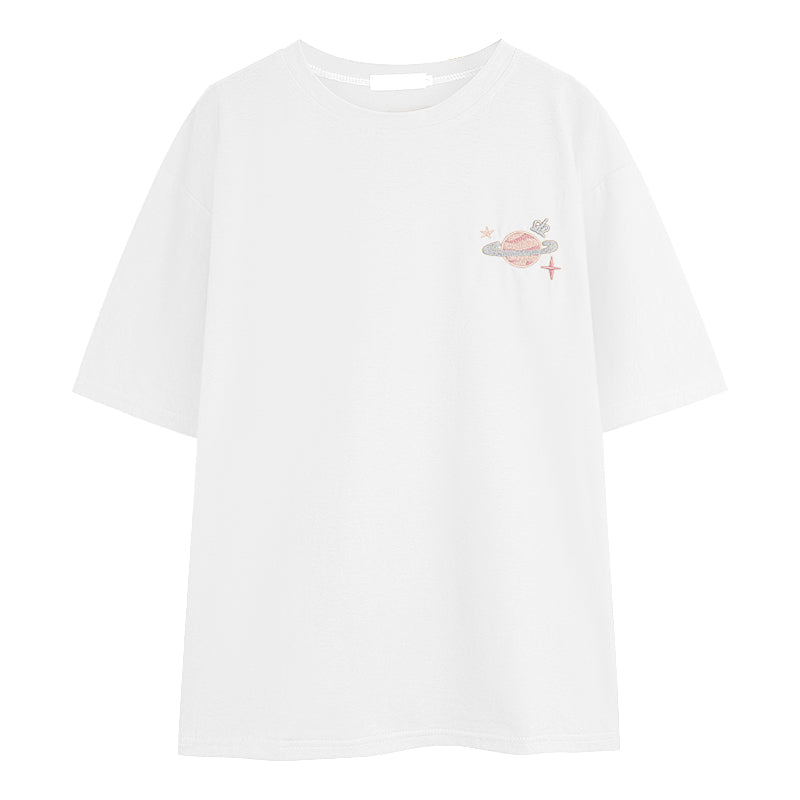 Embroidered Print Short Sleeve T-Shirt Loose Top