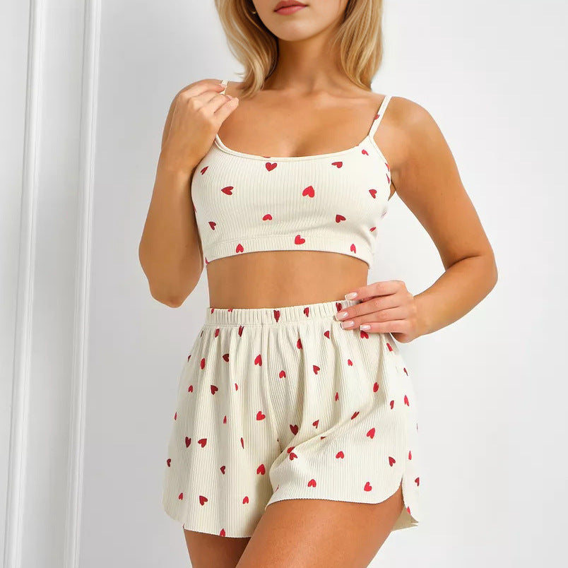 Printed Camisole And Ribbed Pajama Set For Women