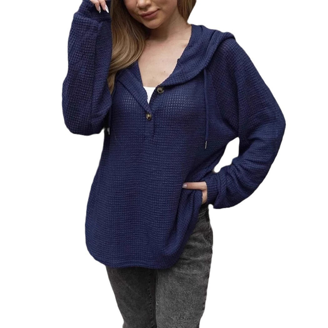 Ensfarvet hættetrøje med snøre V-udskæring Casual Løstsiddende langærmet sweatshirt