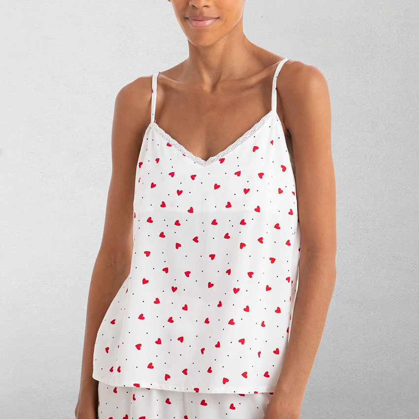 Cool-feel Pajamas With Heart-printed Lace Straps