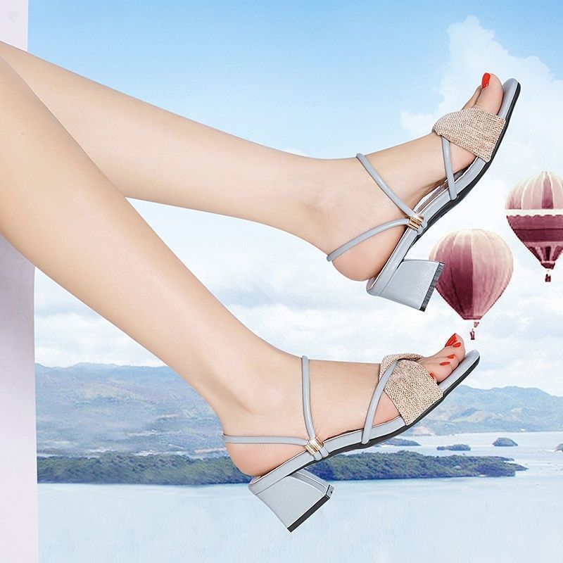 Fashionable All-match Outer Wear Chunky Heel Sandals