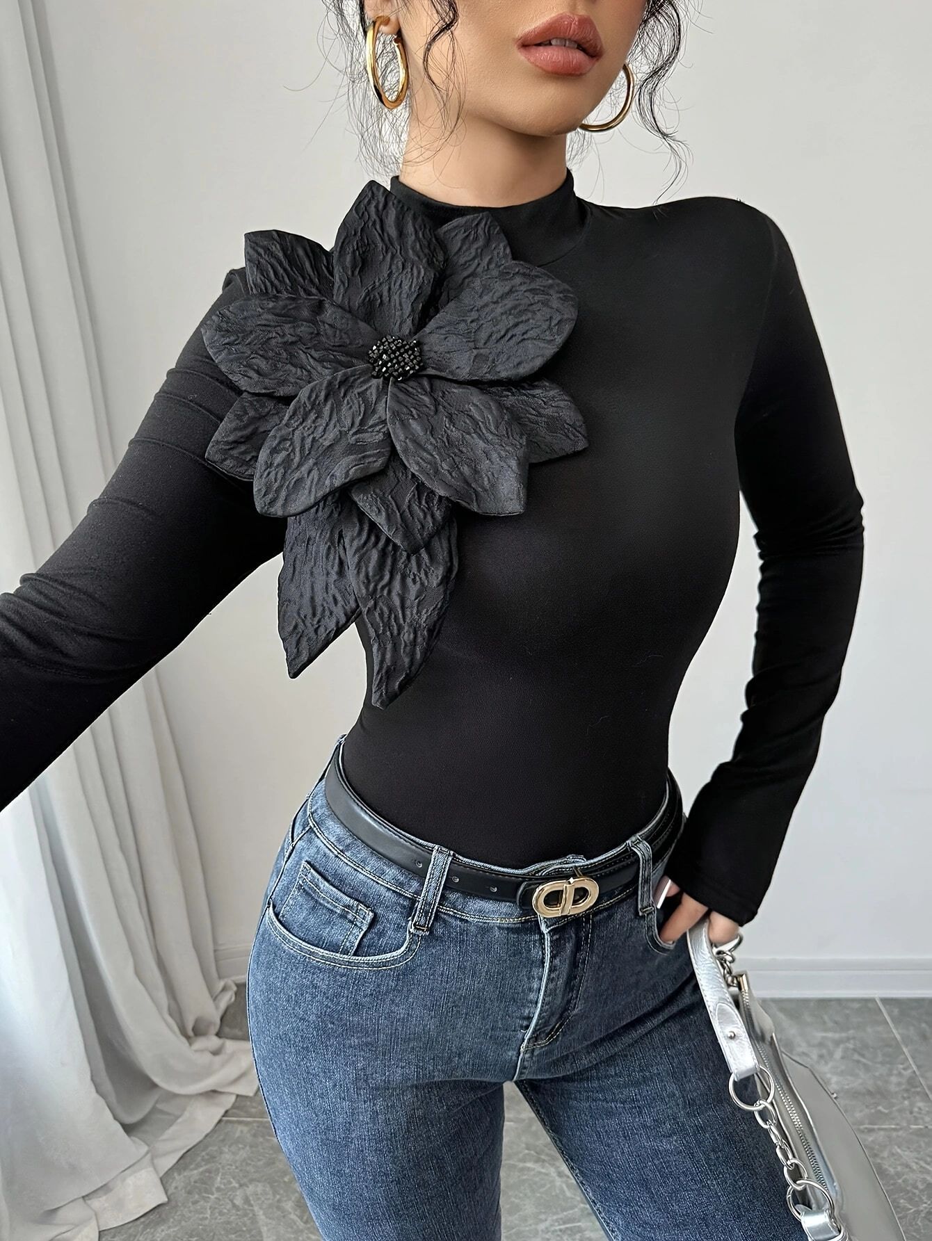 Womens Slim-fit Floral High-neck Long-sleeve Top With Diamond Accents