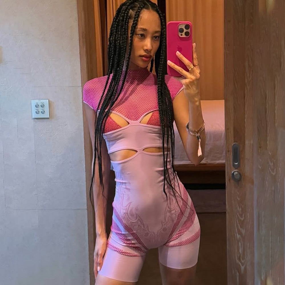 Summer New Fashion Sexy Hot Girl Hollow Out See-through Solid Color Jumpsuit