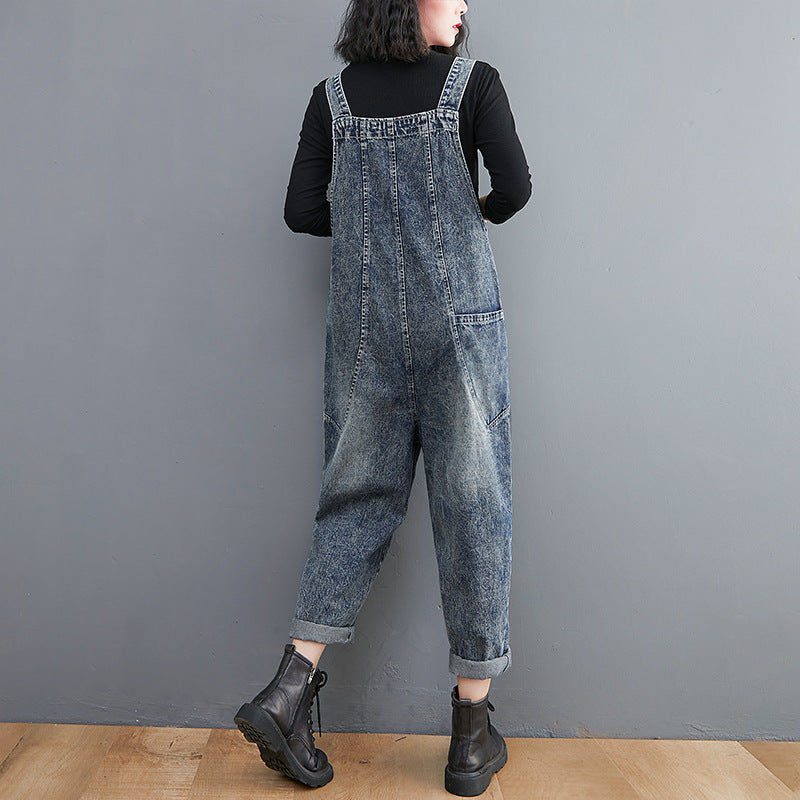 Kvinders litterære og kunstneriske denim-overalls, retro, plus size, løse