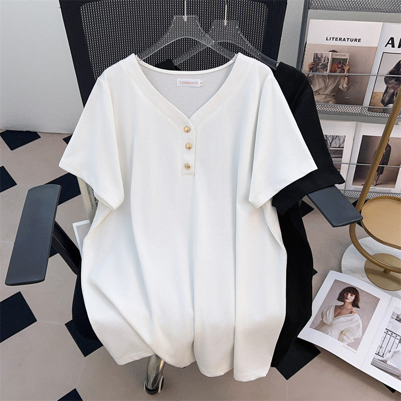V-neck New Plus-sized Plus Size Slimming Loose Mid-length Short Sleeve